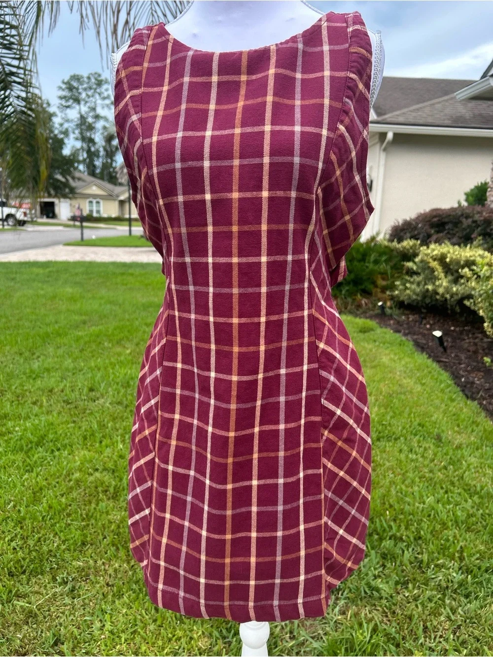 NWT🌷(S) Free People Plaid Printed Boat Neck Sleeveless Back Cut-Out Mini Dress